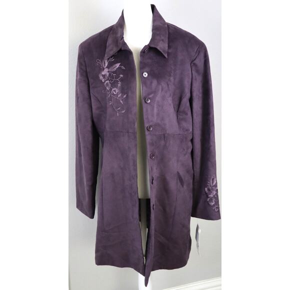 NWT Microsuede Purple Pant Suit Embroidered Floral Bootcut Long Jacket Set 12 - Picture 2 of 9